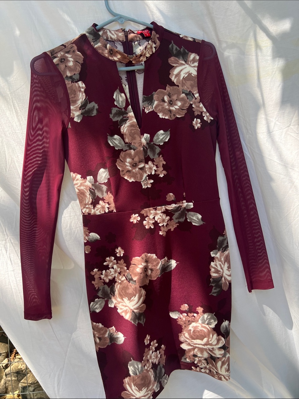 Guess Burgundy Floral Long-Sleeve Bodycon Dress